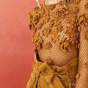 NWOT ULLA JOHNSON Pima Cotton Crocheted Yara Pullover Top in Tapenade M/L $995